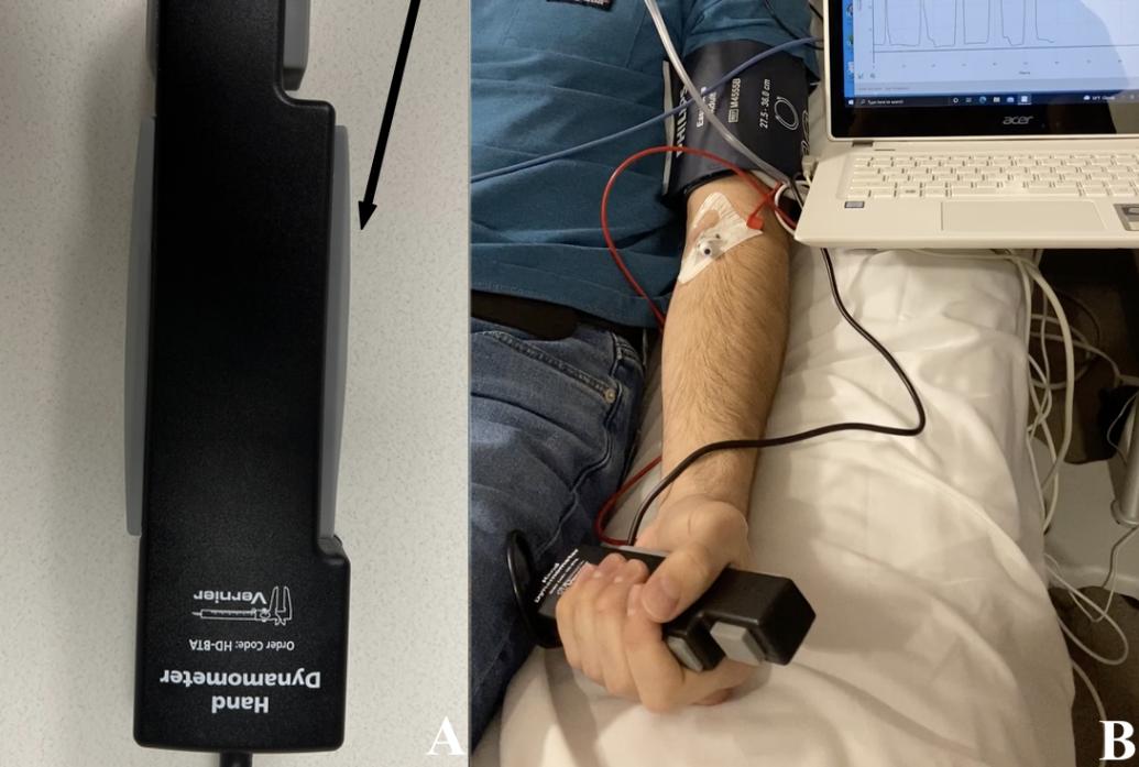 In two panels an image shows a closeup of a long black, plastic device with some gray buttons on the side and then an image of a man in a hosptial bed with some tubes around his arm holding the device in his hand.