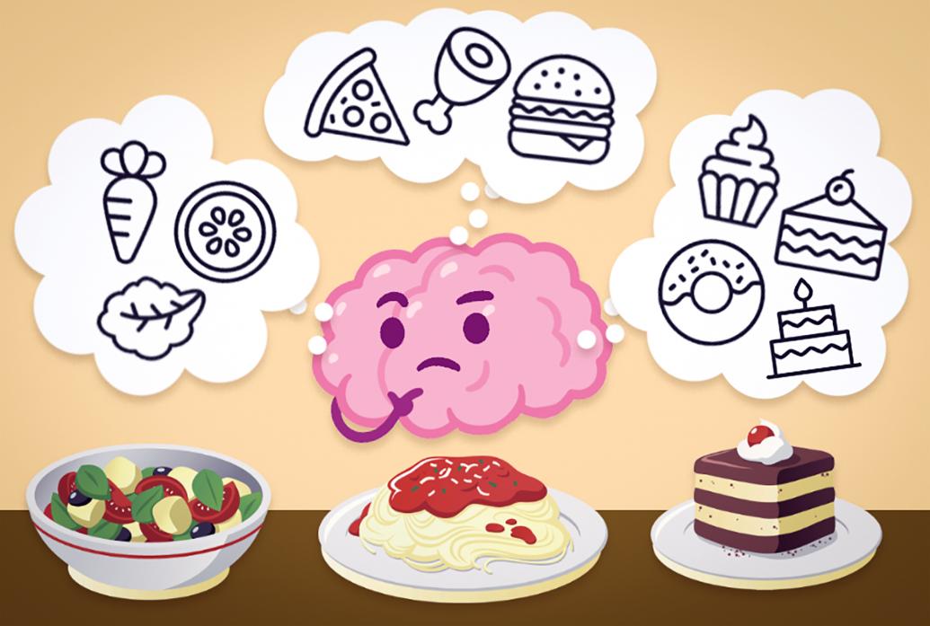 A cartoon of a brain viewing a three course meal and remembering similar past experiences