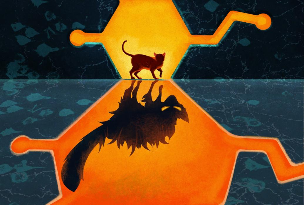 An illustration shows a cat within a dopamine molecule reflected as a scary large cat in a larger dopamine molecule