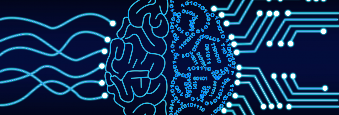 An illustration portrays a brain with a biological left hemisphere and a digital right hemisphere