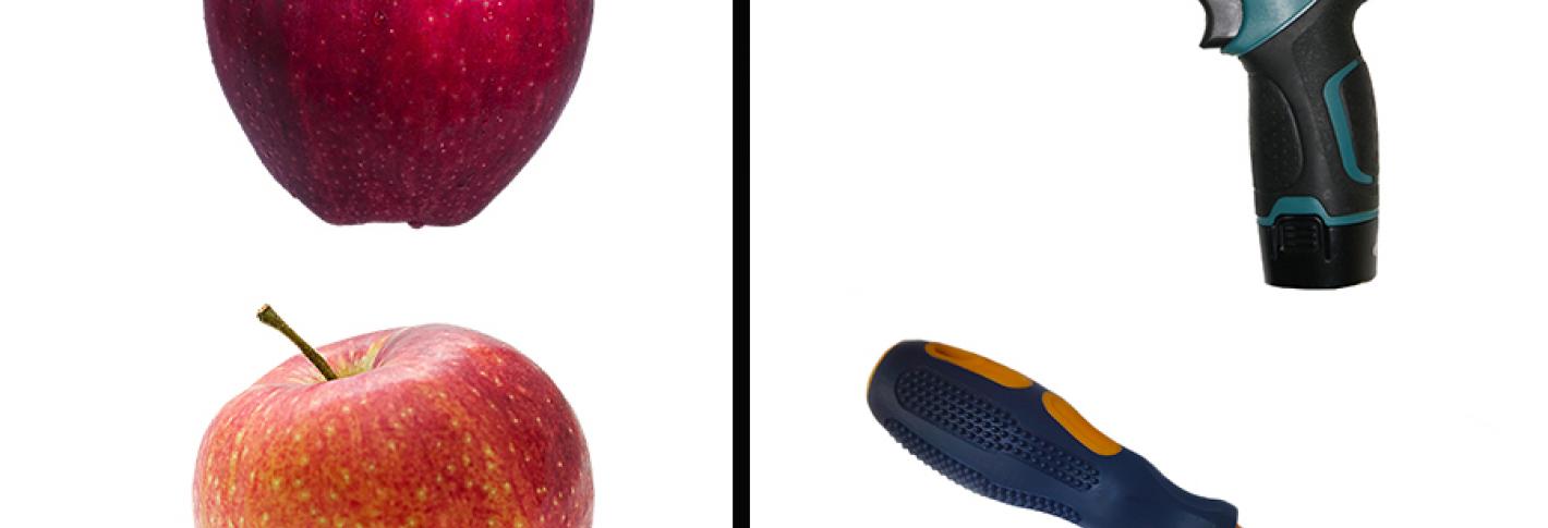 Image shows two similar looking apples on one side and a drill and screwdriver on the other side